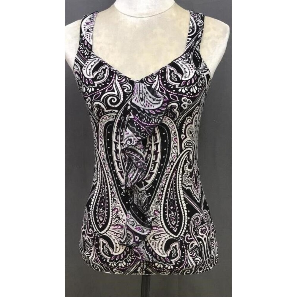 WHBM Paisley Ruffle Tank Womens XSmall Black Purple/White V-Neck Sleeveless Top